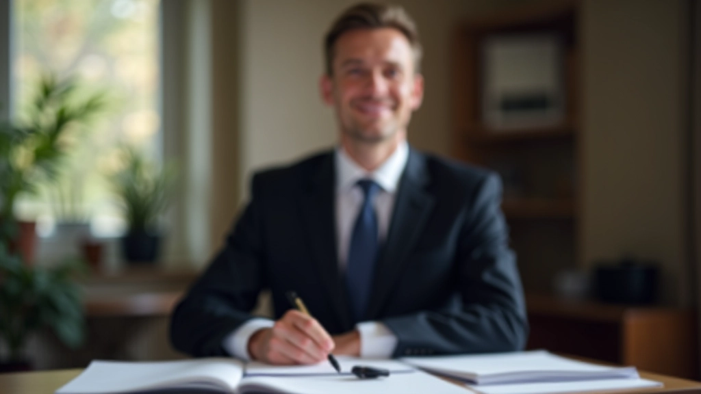 Notář pracuje s dokumenty a počítačem na kanceláři