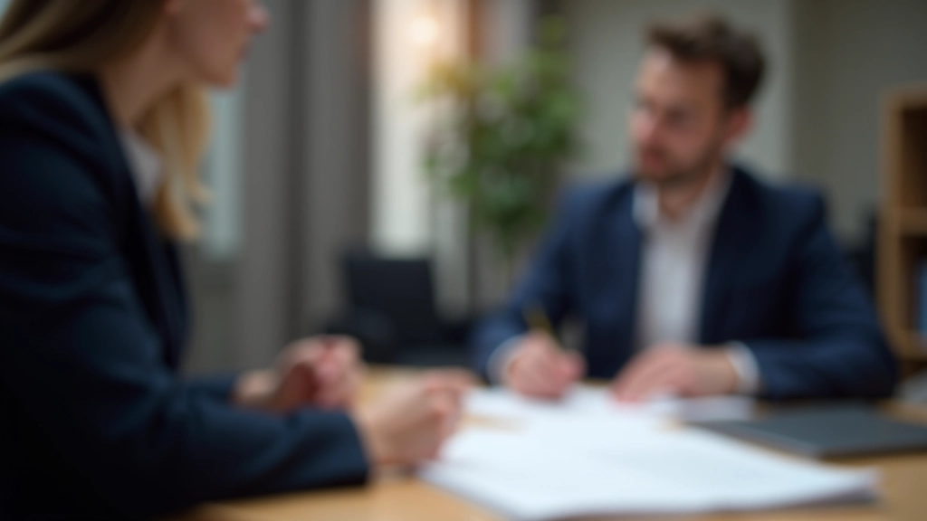 Notář v kanceláři s klientem, obě osoby sedí u stolu a diskutují dokumenty