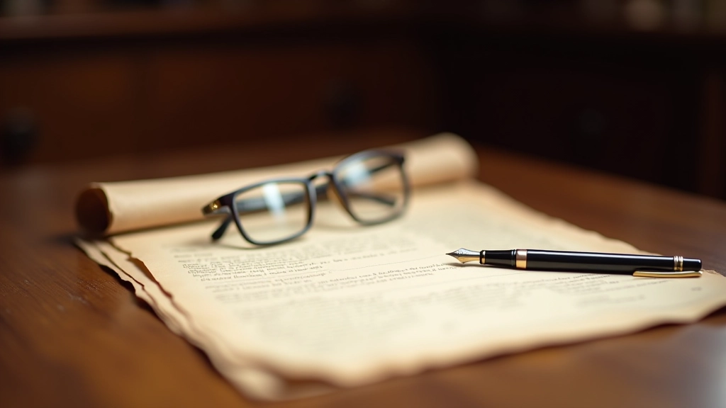 Starý dokument s perem a brýlemi na psacím stole, měkké přisvětlení